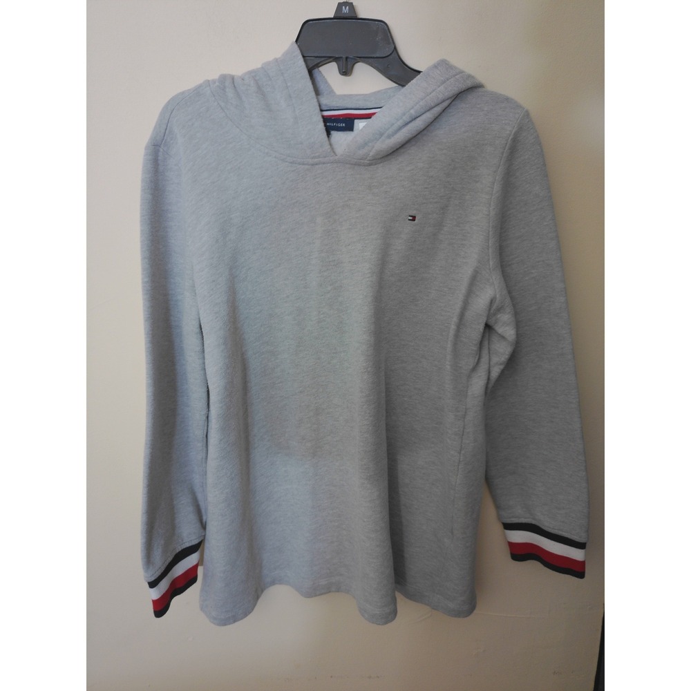 Tommy Hilfiger Hoodie Men Large Gray Vtg Inspo Striped Cuff Pullover Sweatshirt